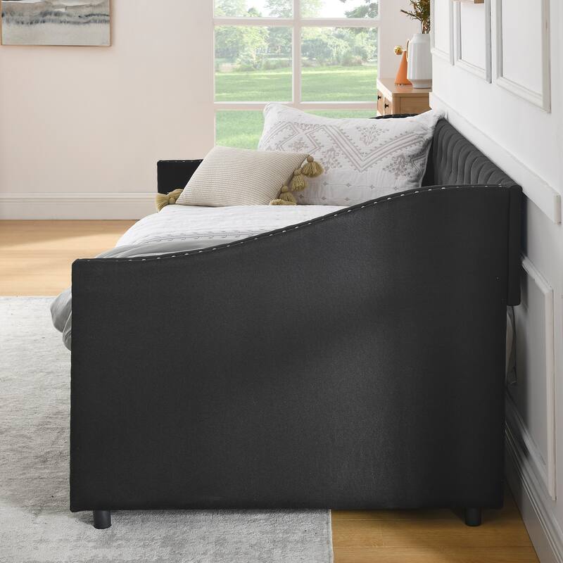 Roomfitters Twin/Full/Queen Upholstered Daybed with Tufted Backrest, Nailhead Trim and Underbed Storage Trundle