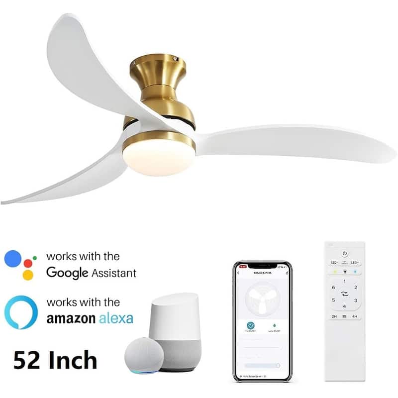 Modern Ceiling Fan With Light Smart Life APP Remote Control Timer For Alexa Google Bedroom Farmhouse - 52 inch - Gold-white