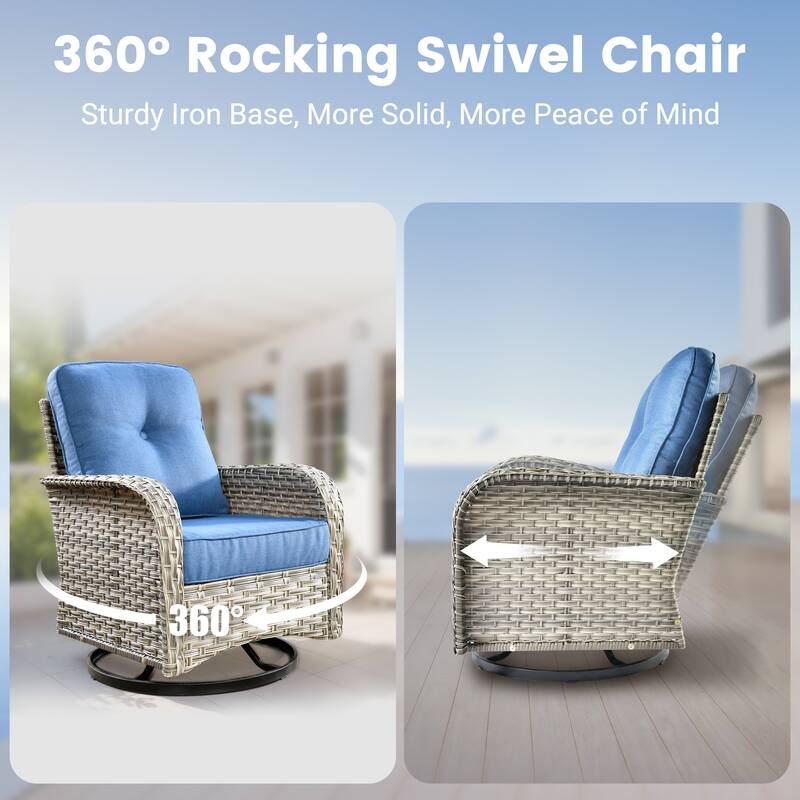 OVIOS 10 Pieces Outdoor Wicker Swivel Chair Set With Solar-Powered Coffee Table