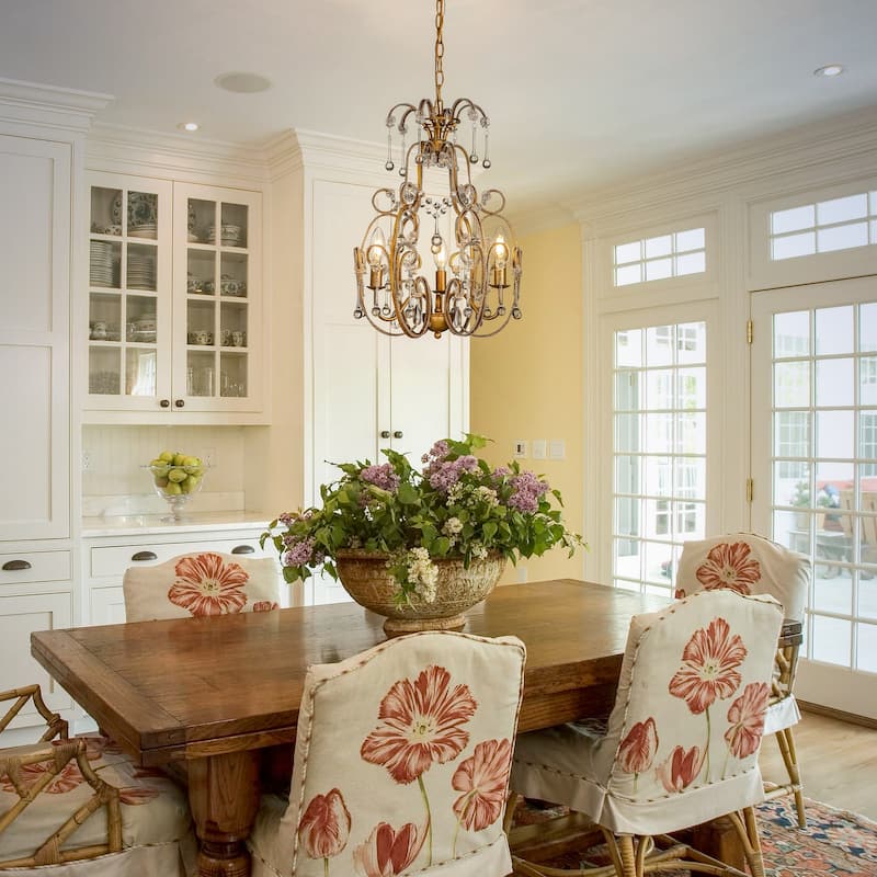 3-Lights Mid-Century Antique Gold Traditional Candle Style Chandelier with Glass Droplets-OB - Gold