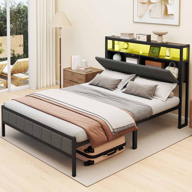 Storage Upholstered Platform Bed with LED Lighting Included and Built In USB Port - Grey - Full