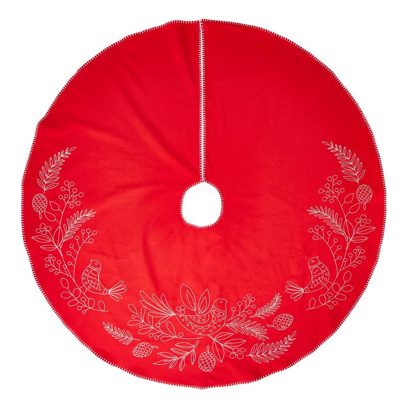Red Partridge Bird Sprig Embroidered Christmas Tree Skirt Cotton, 52 inch