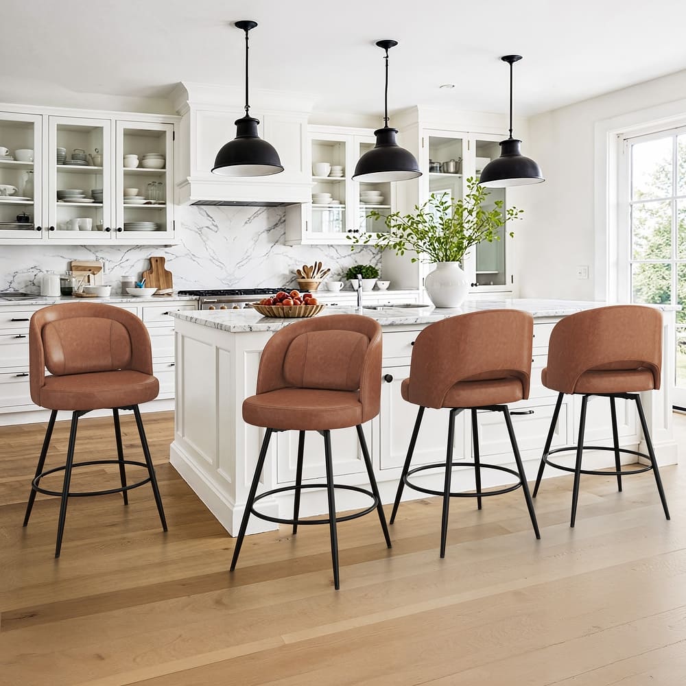 26 Inch Modern Upholstered Bar Stools, Swivel Metal Bar Stools Set Of 2/3/4, Bar Stools For Kitchen Island