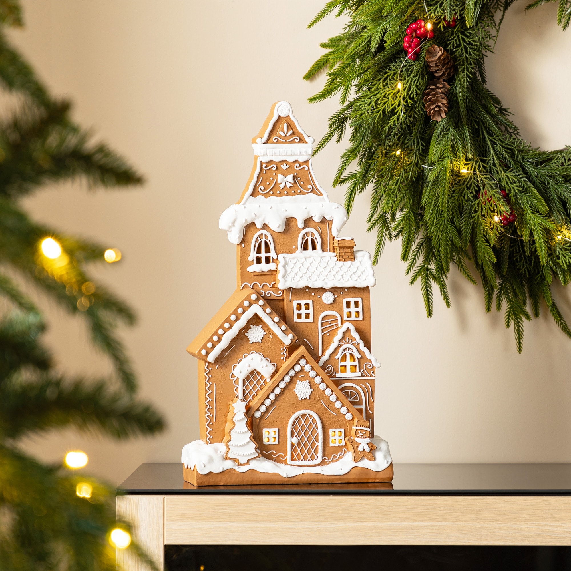 Glitzhome 17.75"H Christmas Lighted Resin Gingerbread House Table Decor with Timer