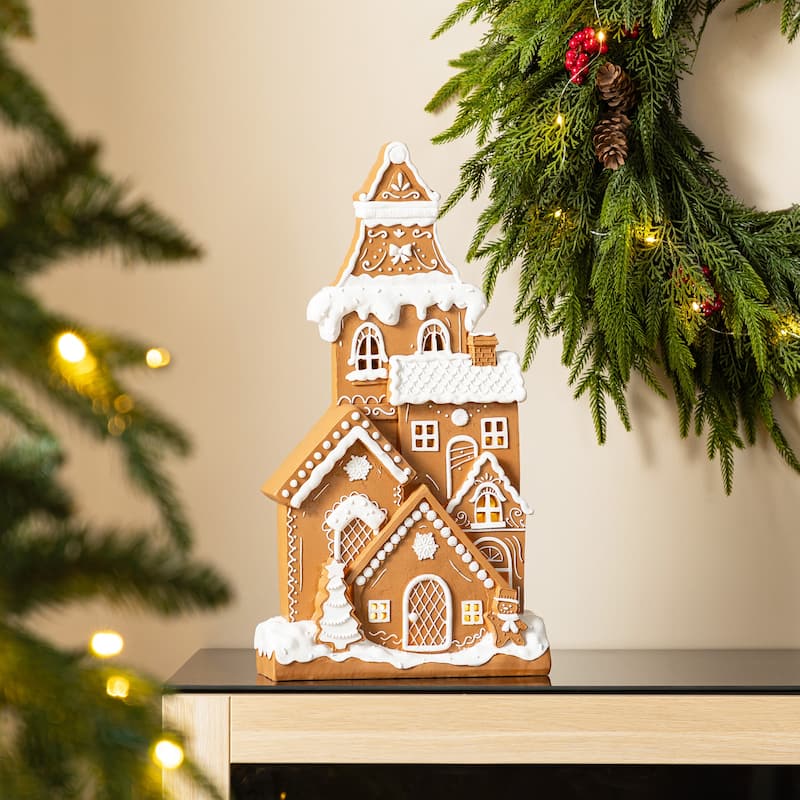 Glitzhome Lighted Christmas Gingerbread House Resin Village Xmas Table Decor Collectible Figurines