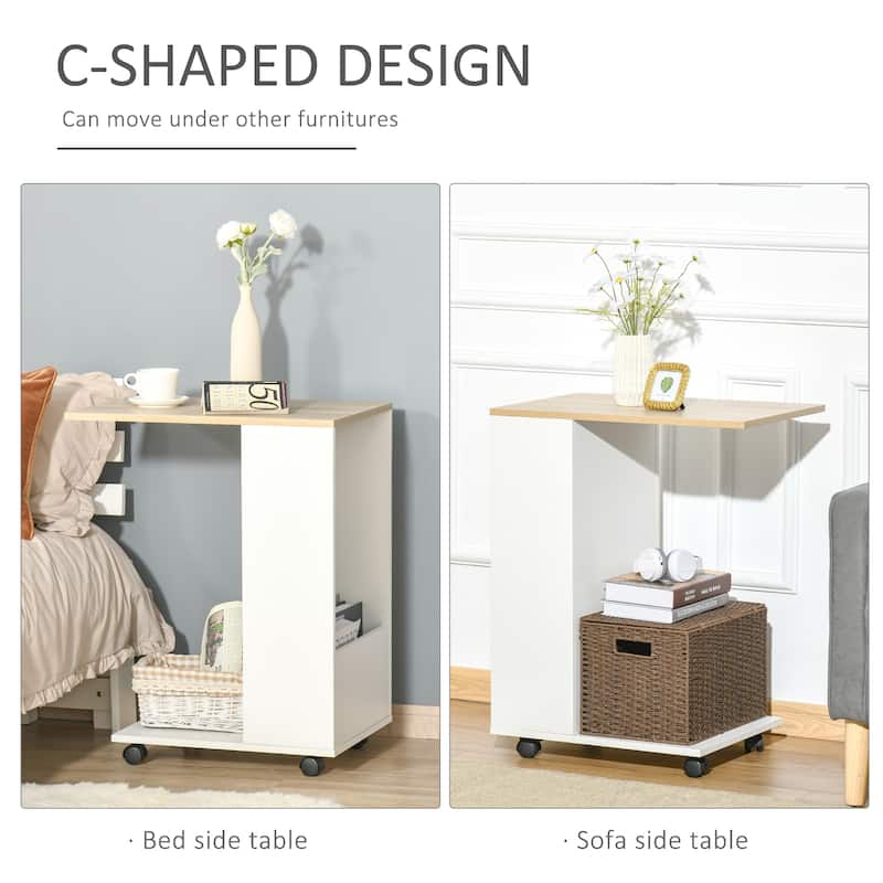 HOMCOM C-Shaped Sofa Side Table Mobile End Table with Storage and Wheels for Living Room, Bedroom, Office