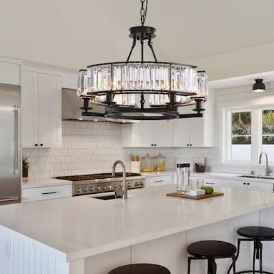 26 in. Round Crystal Chandelier Black Industrial Dining Room Light Fixtures 6-Light for Farmhouse Living Room Foyer