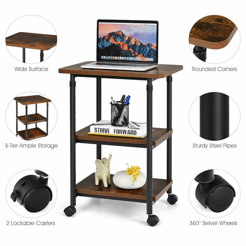 Gymax 3-Tier Rolling Adjustable Printer Cart Machine Stand Storage - 19'' X 16'' X 30'