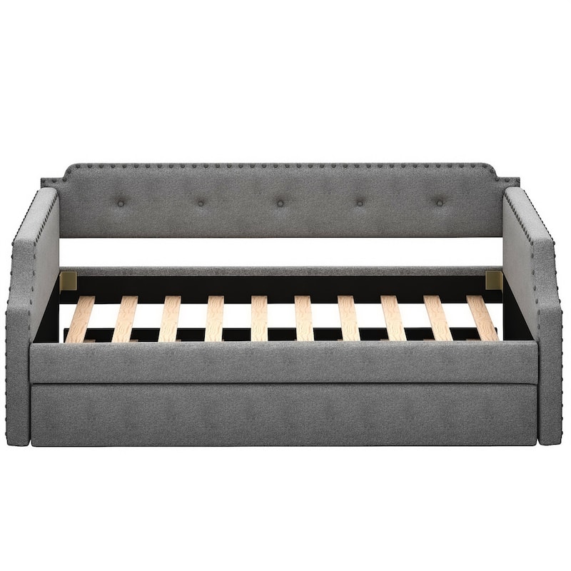 Twin Size Linen Upholstered Daybed Living Room Sofa Bed Frame with Trundle
