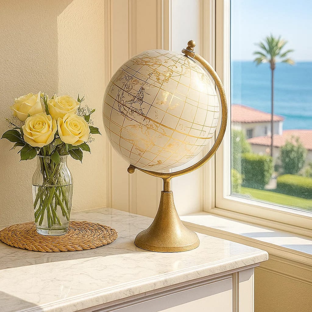 15 Inch Modern Accent Globe, Smooth Turning, White With Gold Aluminum Stand