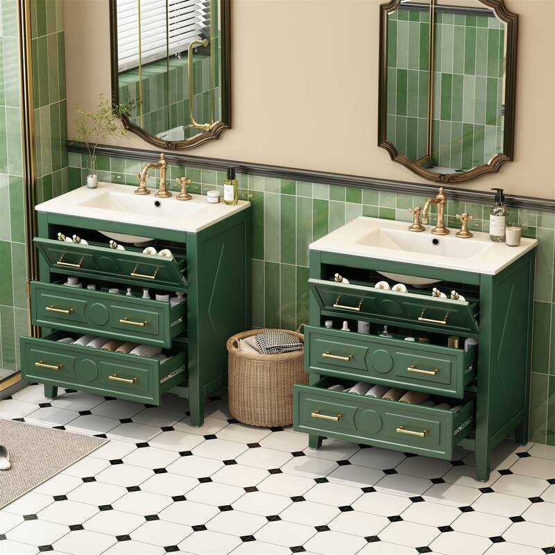 60" Bathroom Vanity Set with Ceramic Sink (Separate), Solid Wood Bathroom Storage Cabinet - Green