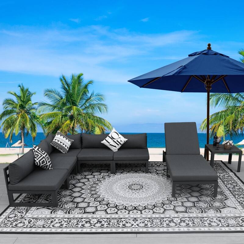 FINCATI Luxury 7-piece Aluminum Sectional Conversation Set with Oversized Seating and Chaise Lounge - Dark Grey