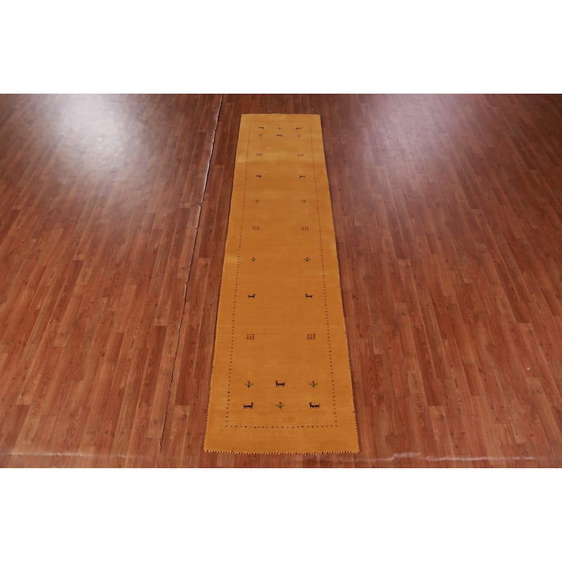 Hand Knotted Oriental 100% Wool Carpet Tribal Animal Pictorial Yellow & Gold Gabbeh Runner Rug - 9' 10'' X 2' 6''