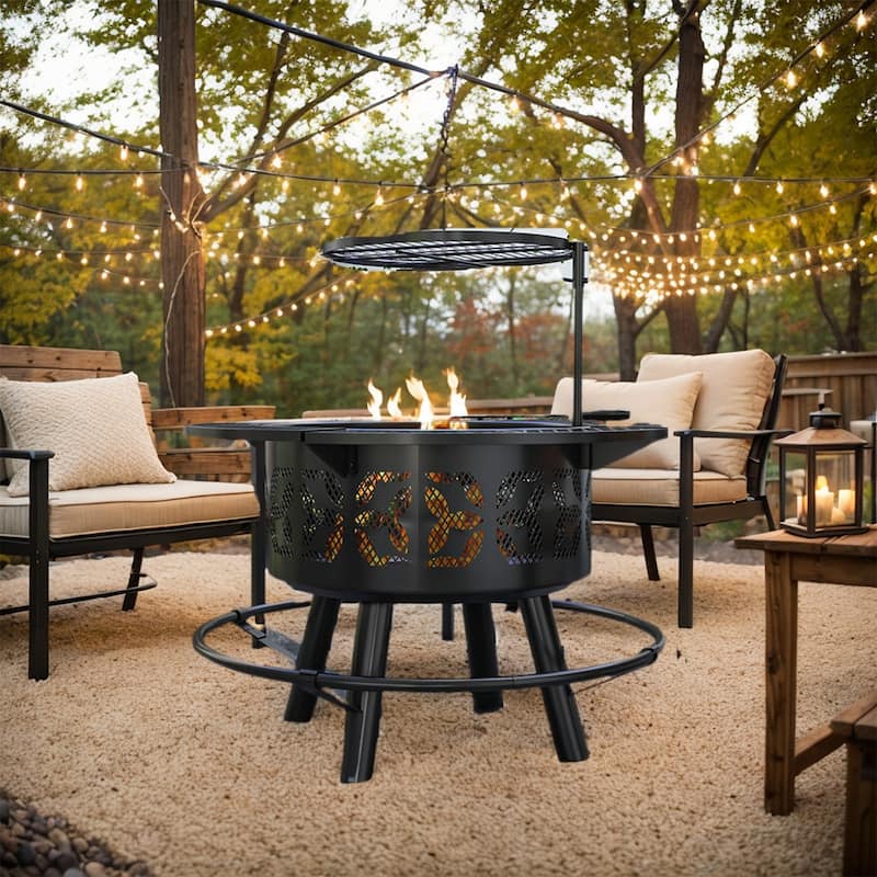 33" Portable Wood Burning Fire Pit w/ Cooking Grate, Pan, Poker - 33" Dia. x 33" H