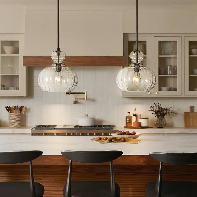 11" W Modern Traditional 1-Light Black/Gold Pendant Light with Clear Ribbed Pumpkin-shaped Glass Shade