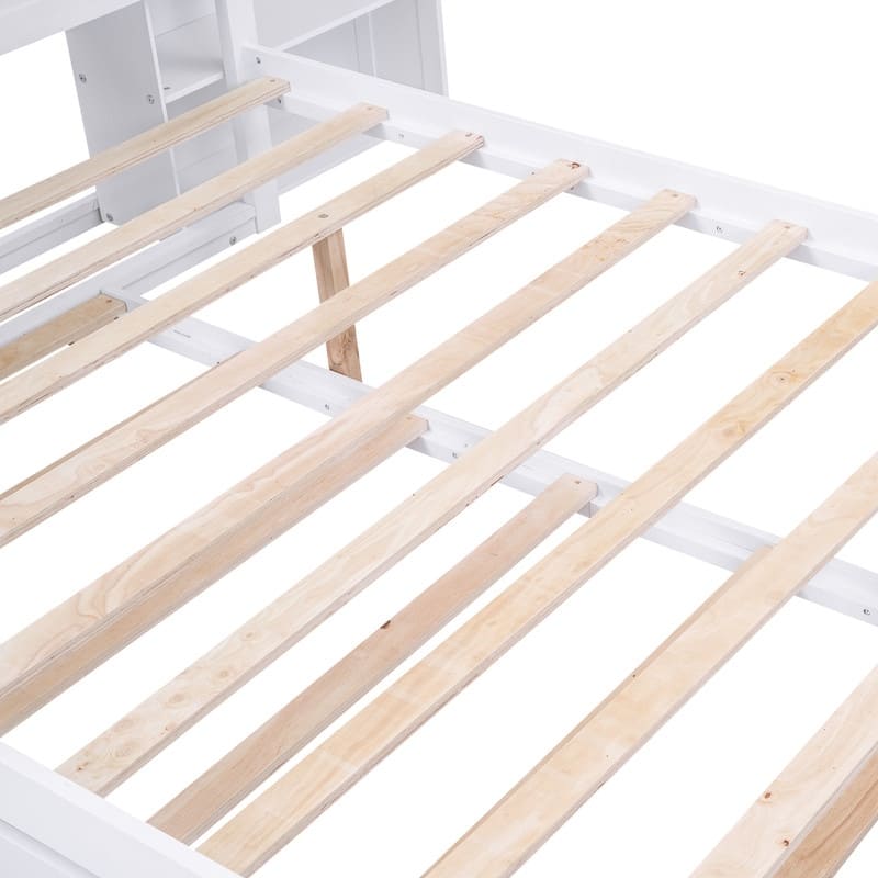 Wooden Storage Platform Bed with Bookcase Headboard, Full/Queen Bed Frame with Twin Size Trundle and Pull Out Shelves