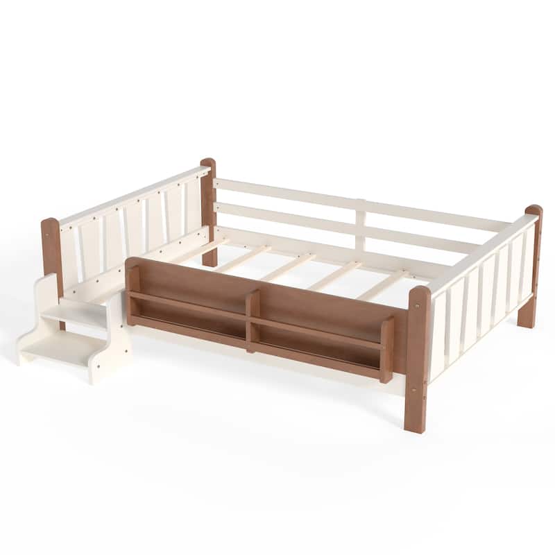 Full/Twin Floor Bed with Storage Bookcases & Cute Stairs - Solid Wood Kids Bed, No Box Spring