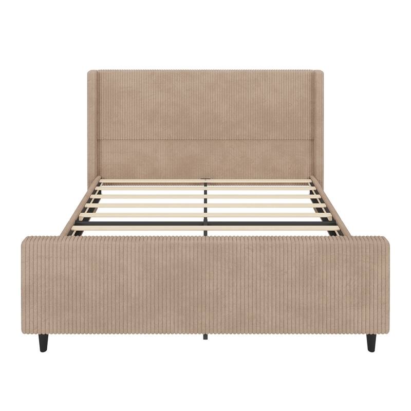 Modern Vertical Stripe Wingback Headboard Corduroy Upholstered Bed Frame