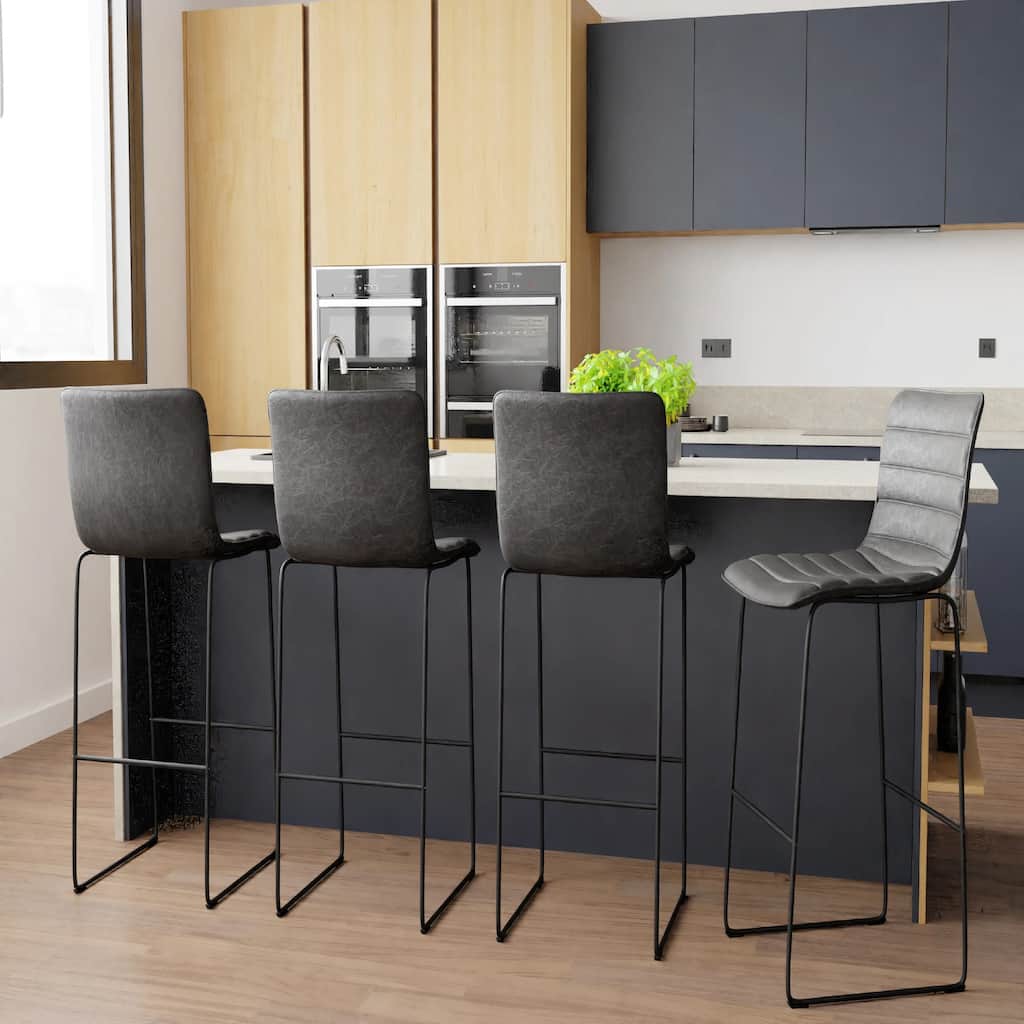 Brooklyn Modern Curved Leather Backrest Powder Coated Black Finish Frame Bar Stool with Iron Frame Sponge Filling Plastic Glides