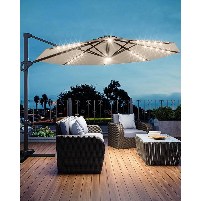 10FT Outdoor Cantilever Umbrella Patio Umbrella Solar LED with Base Included, 360-Degree Rotation - Brown