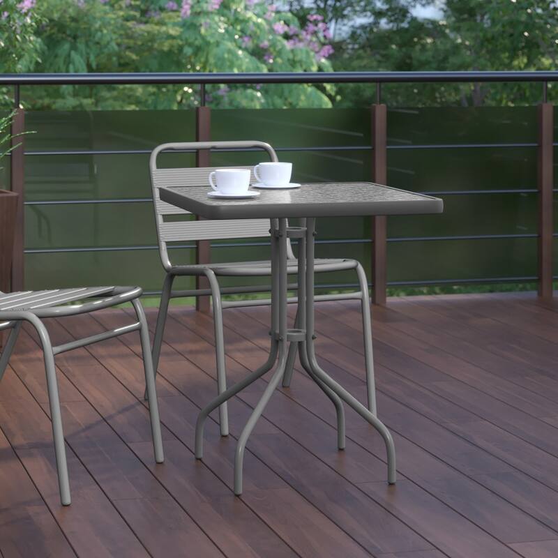 23.5" Square Tempered Glass Metal Table with Smooth Ripple Design Top