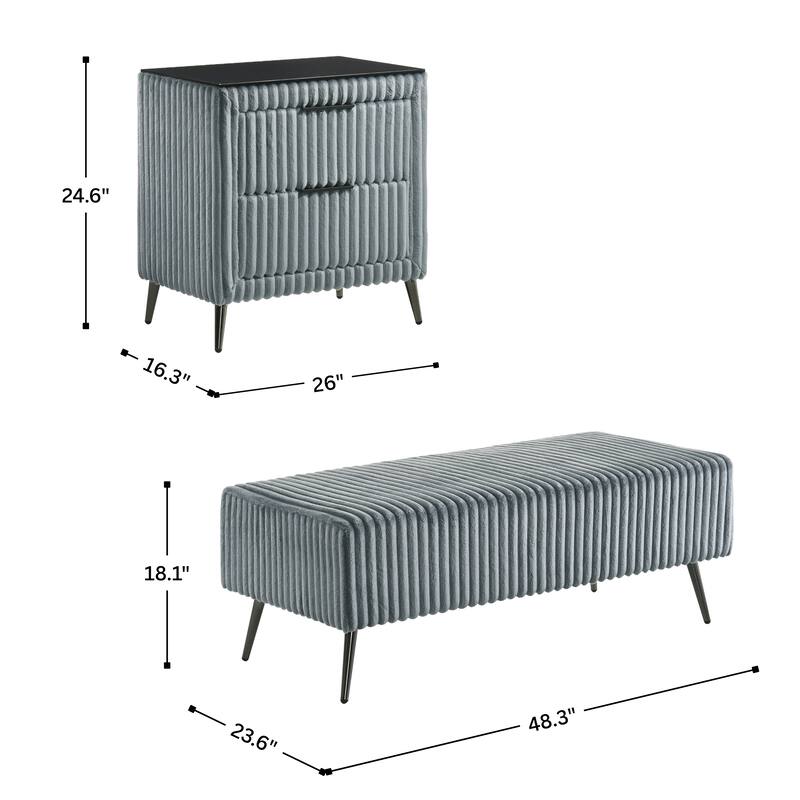 Roundhill Furniture Mavela Wide Wale Corduroy Upholstery Panel Bed with 2 Nightstands and Bench, Blue