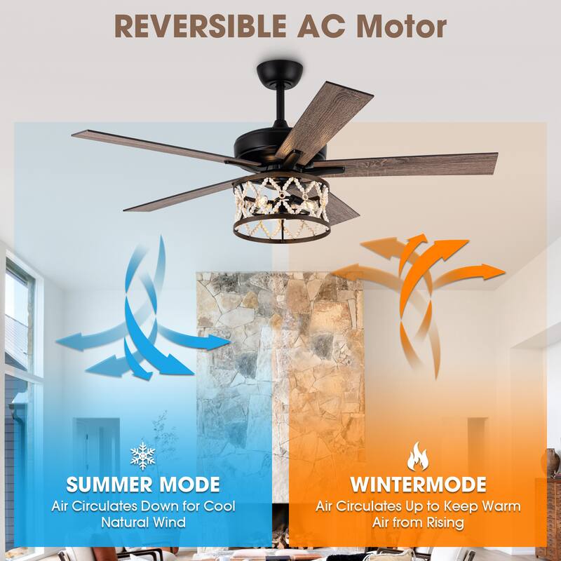 52" Bohemian Black Ceiling Fan with Wood Beaded Light Kit and Remote Control - 52 in. D x 52 in. W x 18.2 in. H