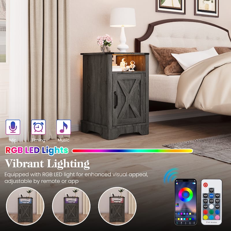 Farmhouse Nightstand Set of 2 With LED Lights and Charging Station