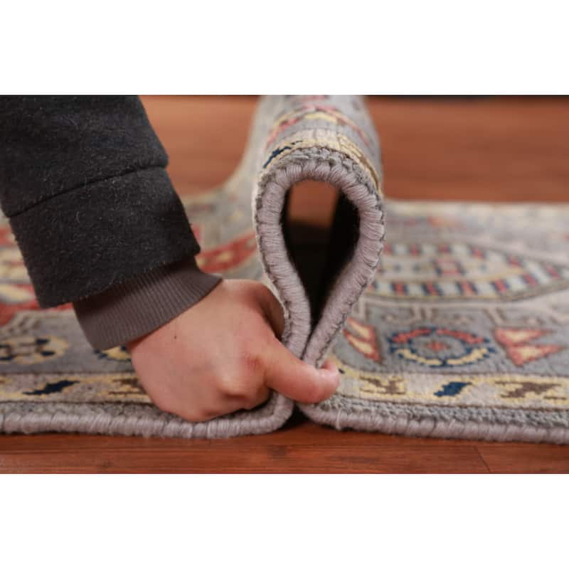 Hand Knotted Oriental 100% Wool Carpet Traditional Geometric Greys & Charcoal Heriz (serapi) Runner Rug - 7' 8'' X 2' 7''