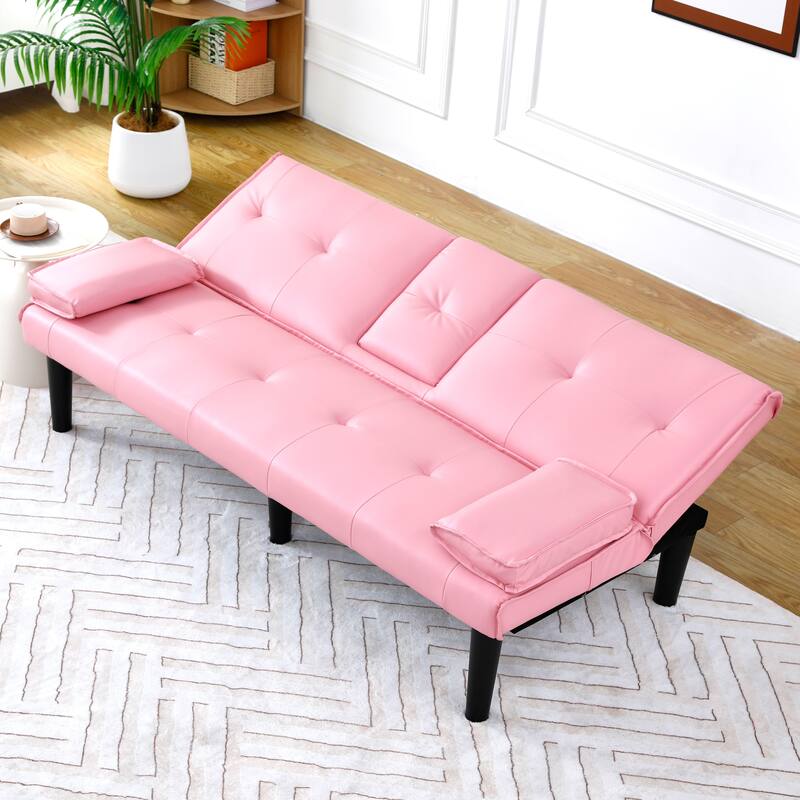 67-inch Pink PVC Multi-functional Foldable Sofa Bed with Cup Holder