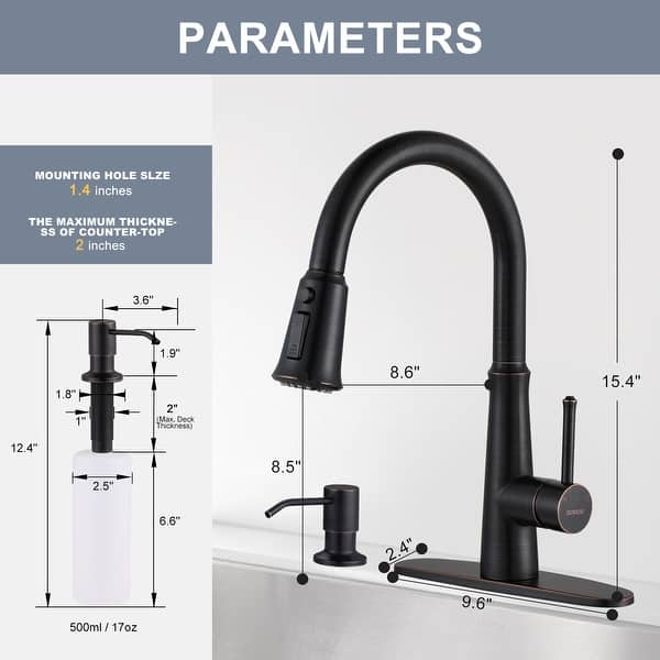 dimension image slide 2 of 3, WOWOW Pull Down Sprayer Kitchen Faucet with Soap Dispenser
