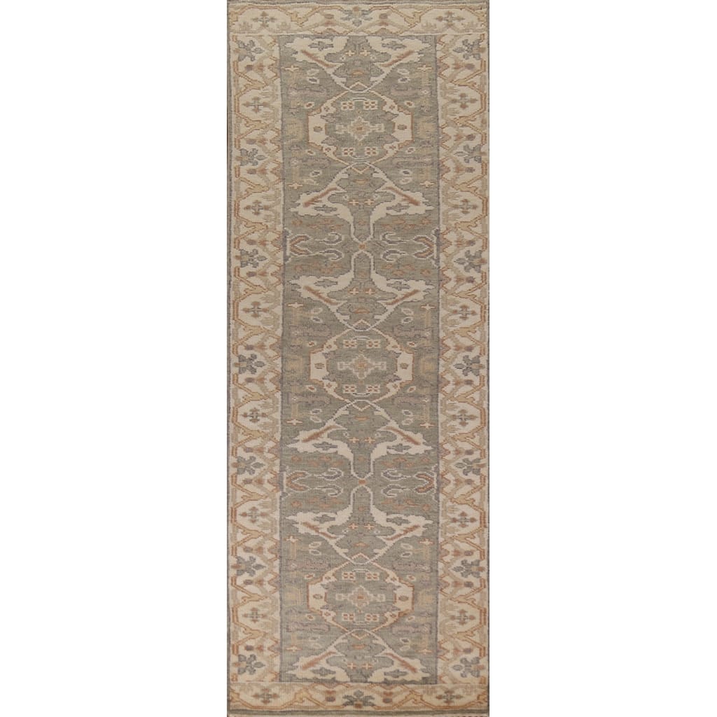 All-Over Oushak Indian Runner Rug Hand-Knotted Wool Carpet - 2'7"x 10'0"