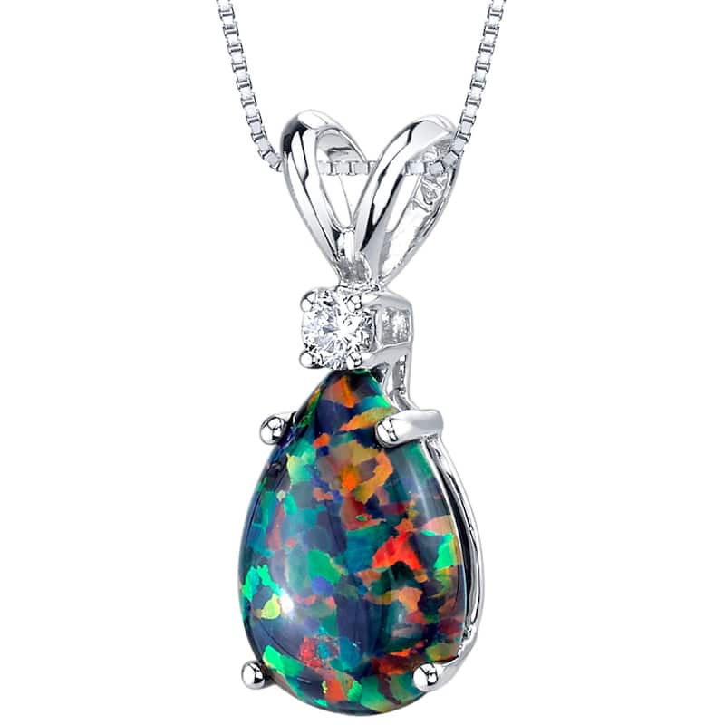 Oravo 14k White Gold Pear Shape Created Black Opal Diamond Pendant