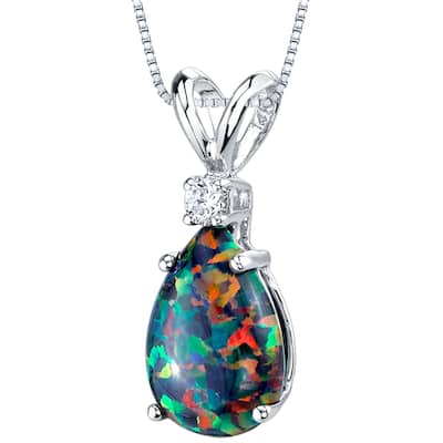 Oravo 14k White Gold Pear Shape Created Black Opal Diamond Pendant