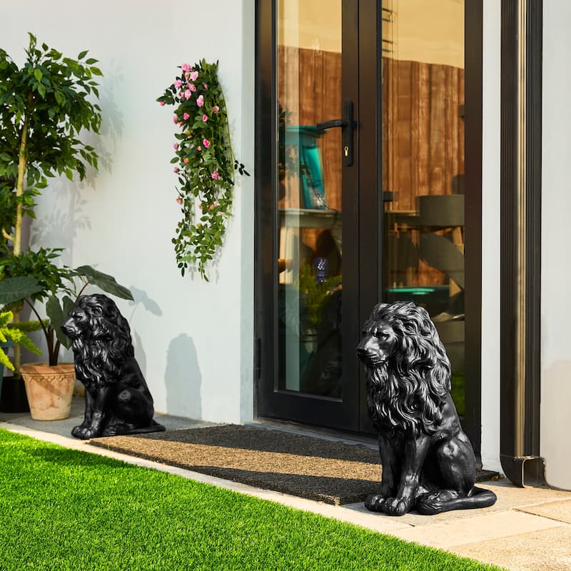 20.75"H MGO Black Guardian Sitting Lion Statue Porch Sign Outdoor Decoration Gifts by Glitzhome