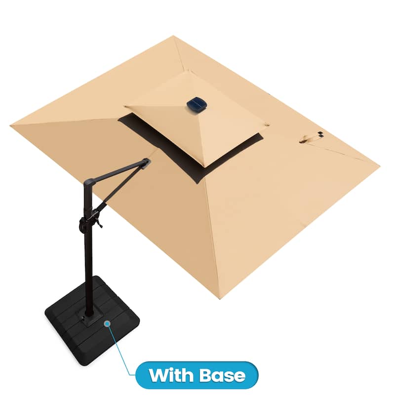 9 x 11 FT Outdoor Dual Top Solar Powered LED Aluminum Patio Cantilever Umbrella and Weighted Base - Tan