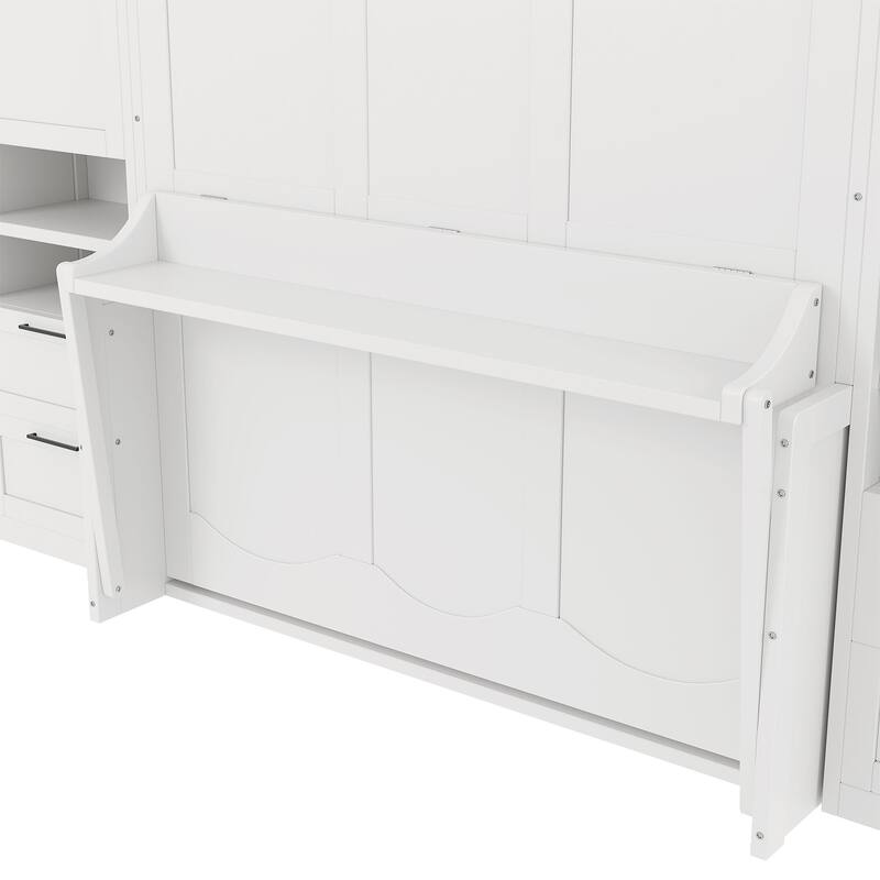 Queen Size Wall Bed with Closet, Drawers, and Shelves in White