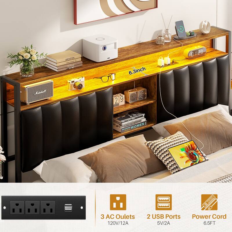 Upholstered Bed Frame with Storage Shelving, Platform Beds with Charge Station and LED Lights