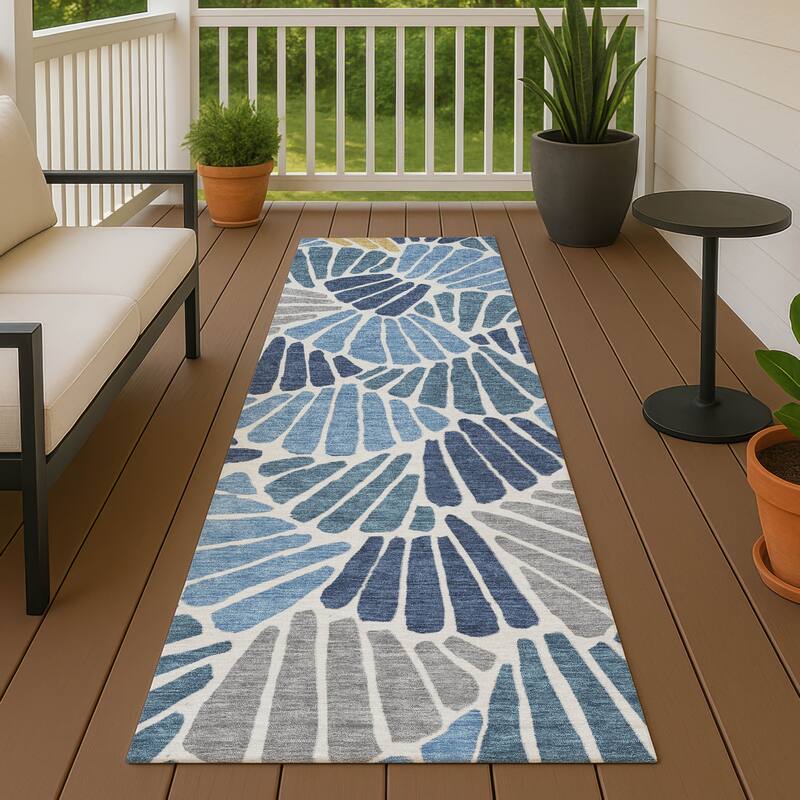 Machine Washable Indoor/ Outdoor Floral Modern Chantille Rug - Blue - 2'3" x 7'6"