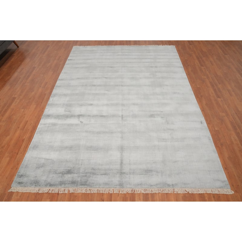 Hand Knotted Oriental Viscose Silk Carpet Modern Modern Greys & Charcoal Abstract Area Rug - 11' 4'' X 8' 1''