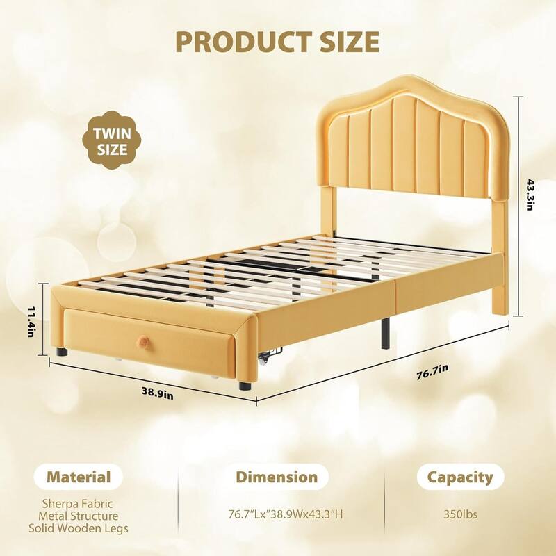 Twin Upholstered Platform Bed Frame with LED Lights & Storage Drawer, Easy Assembly
