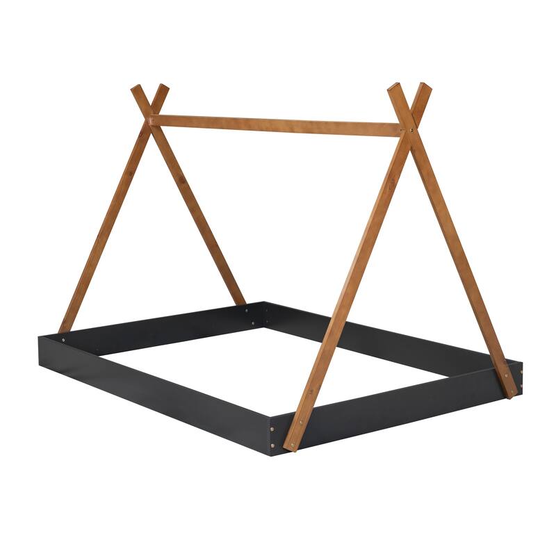 Full Size House Tent Bed with Safety Railings, Triangle Structure, and Sturdy Wood Frame - Safe and Stylish Floor Bed for Kids