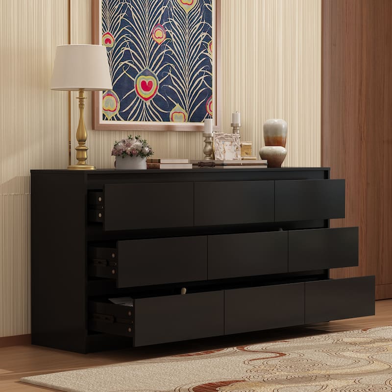 Modern Dresser for Bedroom 9 Drawers Wood Dresser Chest of Drawers - Black