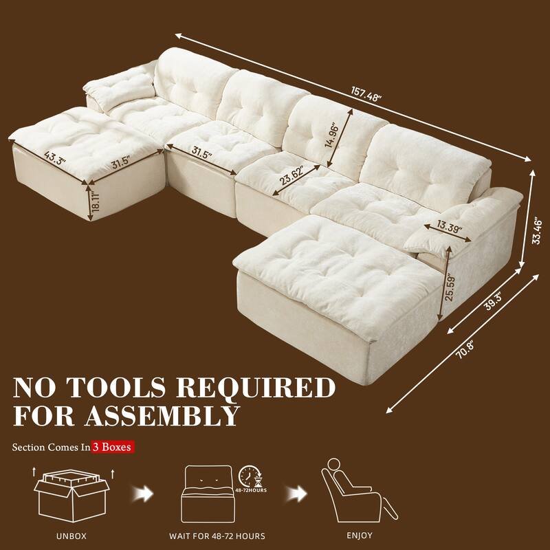 Rossetta 4-Seater Chenille Upholstery Modular Convertible Design Generous Seating Cushioned Sofa with 2 Versatile Ottomans