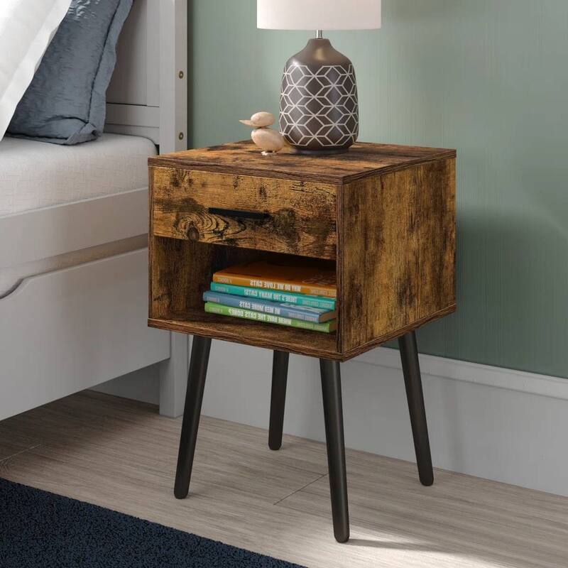 Mid Century Modern Farmhouse Nightstand with 1 Drawer Open Shelf Rustic Brown and Black Legs