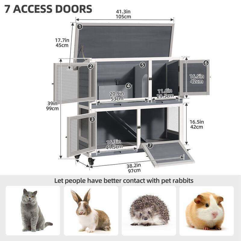 Moasis 41-inch 2-Tier Wooden Rabbit Hutch Bunny Cage with Removable Tray and Wheels