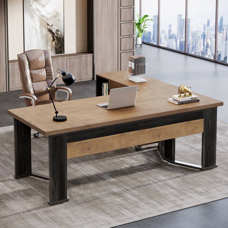Brown Wood L Shaped Executive Desk Computer Desk with File Cabinet
