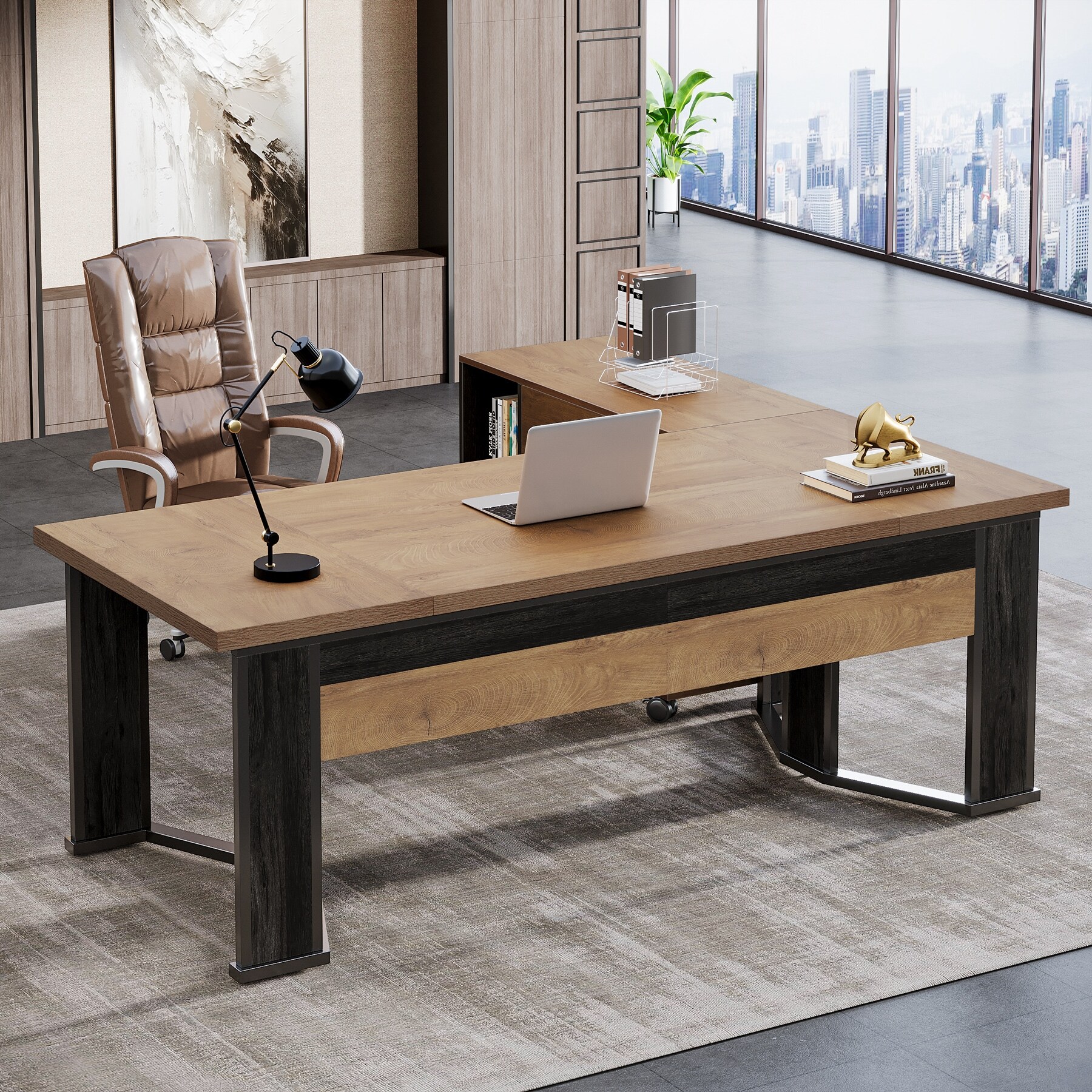 Executive Desk with File Cabinet, Large L Shaped Computer Office