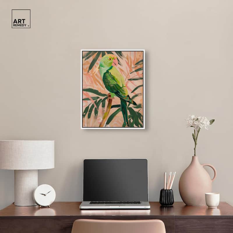 Coral and Green Parrot Canvas by Art Remedy