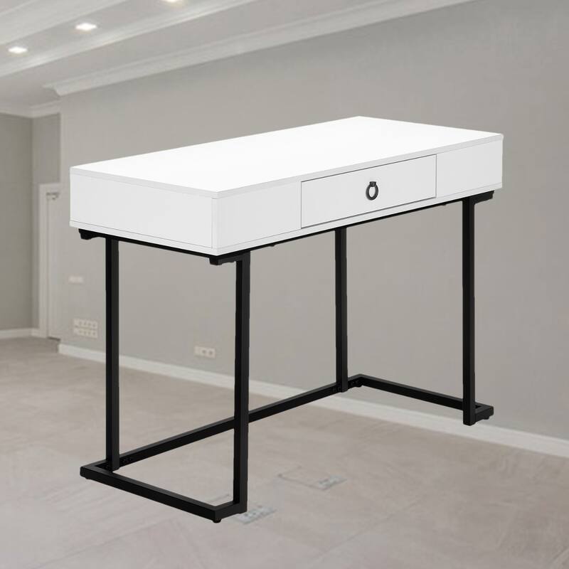 Contemporary 42" Computer Desk with Storage Drawer and Black Metal Ring Pull, Modern Design with Glamorous Appeal
